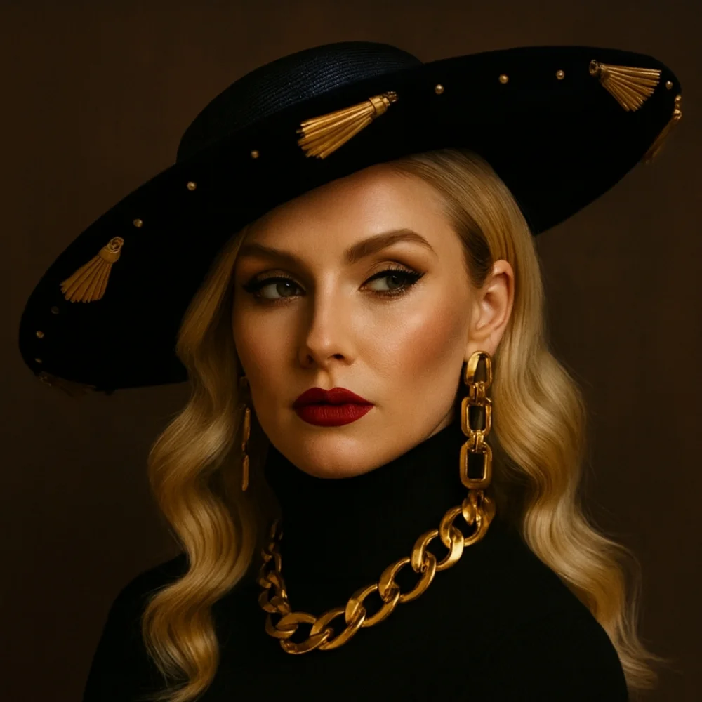 Stephen Anne Custom Black Velvet Straw Hat Wide Brim Gold Tassel Trim